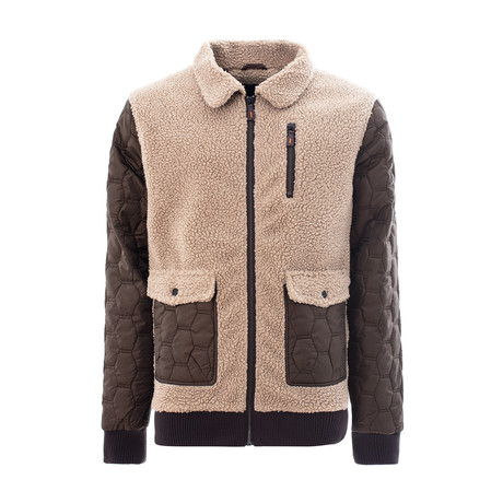 Zip Through Sherpa Jacket + Quilted Sleeves // Brown (XS)