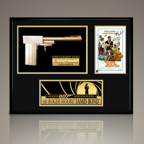 James Bond // Roger Moore signed photo and Golden Gun prop // custom shadow box frame