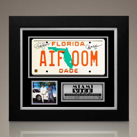 Miami Vice // Don Johnson + Philip Michael Thomas Signed Aif 00M License Plate Prop // Custom Frame (Signed License Plate Prop Only)