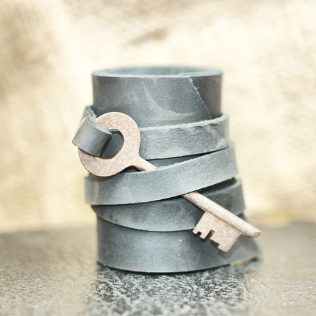 Leather Cuff With Antique Skeleton Key // Black (2" Width)