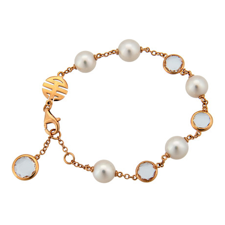 Vintage Mimi Milano 18k Rose Gold Rock Crystal + White Cultured Freshwater Pearl Bracelet // Bracelet: 8"