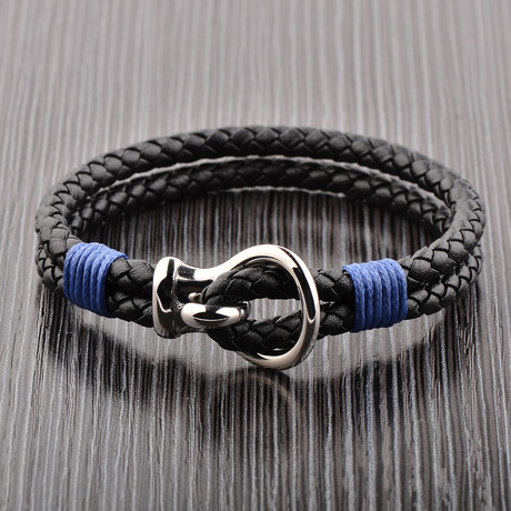 Braided Leather Bracelet // Silver + Black + Blue