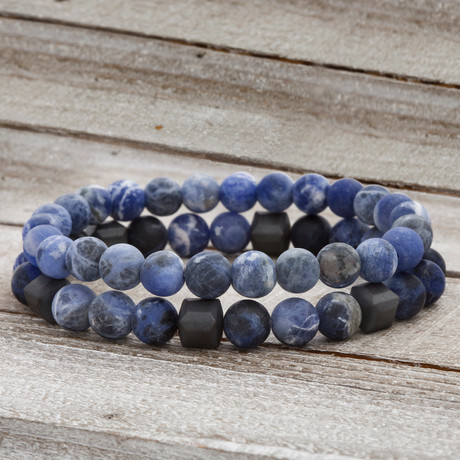 Hematite Beaded Stretch Bracelets // Blue Lapis + Simulated Gray // 2 Piece Set