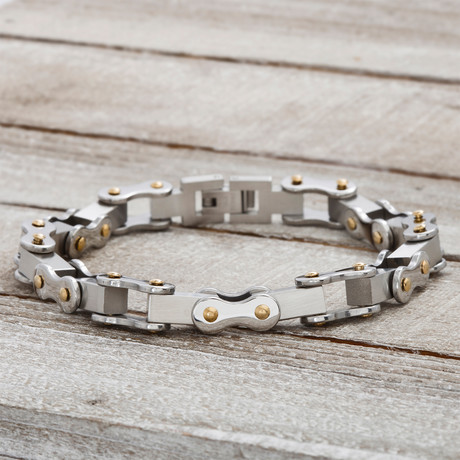 Polished Biker Link Design Chain Bracelet // Silver + Yellow Gold