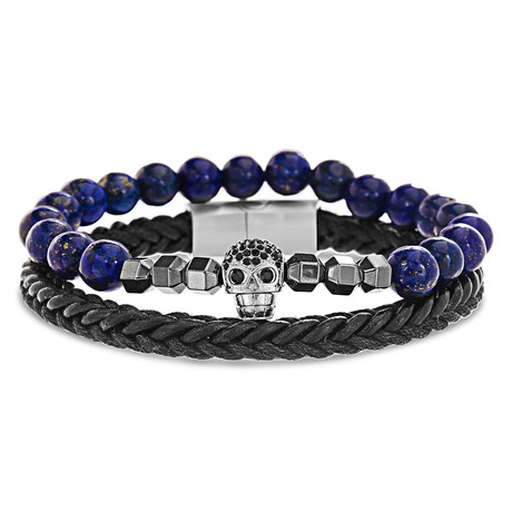 Skull Beaded Stretch + Braided Leather Bracelets // Set of 2 // Blue Lapis + Black