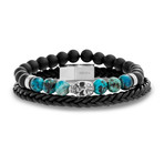 Onyx Skull Beaded Stretch + Braided Leather Bracelets // Blue Turquoise + Black // 2 Piece Set