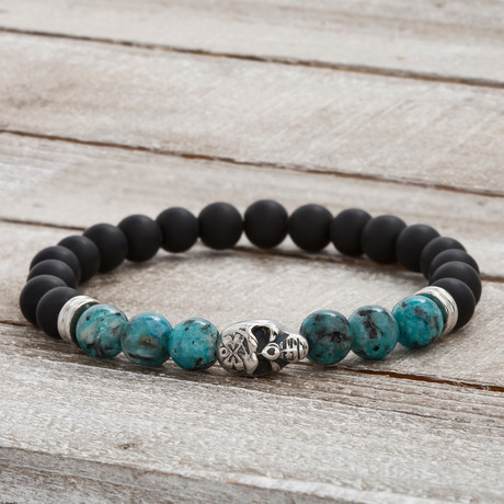 Onyx Skull Beaded Stretch + Braided Leather Bracelets // Blue Turquoise + Black // 2 Piece Set