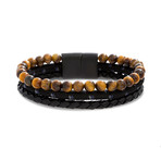 Tiger's Eye Triple Stranded Beads + Textured Cord Leather Bracelet