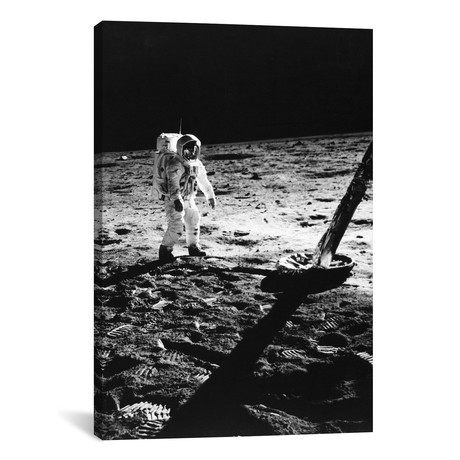 1960s Astronaut Buzz Aldrin In Space Suit Walking On The Moon Near The Apollo 11 Lunar Module July 20, 1969 // Vintage Images (12"W x 18"H x 0.75"D)