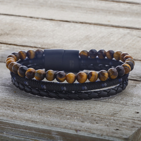 Tiger's Eye Triple Stranded Beads + Textured Cord Leather Bracelet