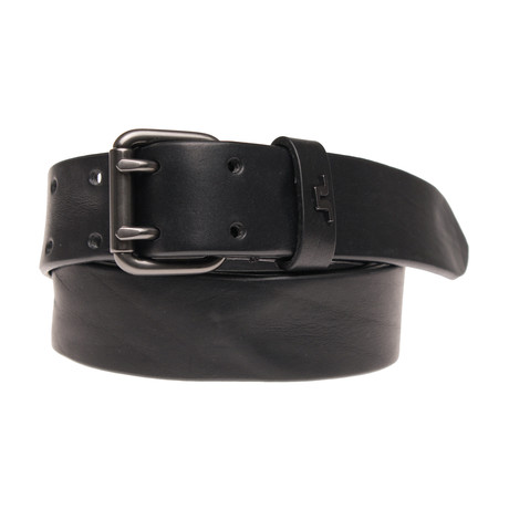 Matte Gunmetal Leather Belt + Metal Logo // Black (85 cm)