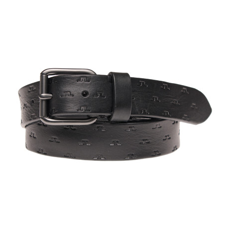 Matte Gunmetal Leather Belt + Embossed Logo // Black (85 cm)
