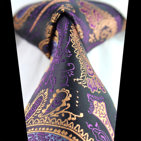 Silk Neck Tie + Gift Box // Black + Gold +Purple Paisley
