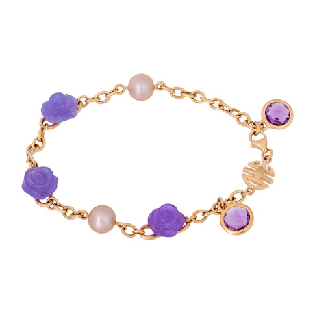 Vintage MiMi Milano 18k Rose Gold Amethyst Jade + Violet Colored Freshwater Pearl Bracelet // Bracelet: 7.75"