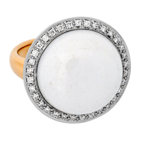 Vintage MiMi Milano 18k White + Rose Gold White Agate Diamond Ring // Ring Size: 6.75