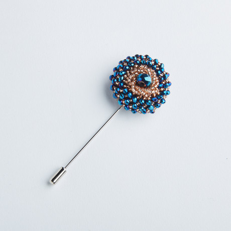 Jeweled Flower Lapel Pin // Blue + Bronze