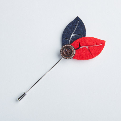 Leaf Button Flower Lapel Pin // Navy + Red
