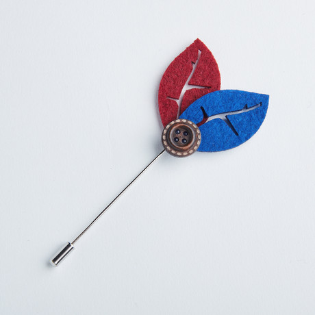 Leaf Button Flower Lapel Pin // Maroon + Blue