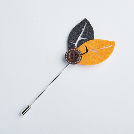 Leaf Button Flower Lapel Pin // Charcoal + Yellow