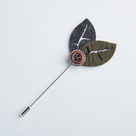Leaf Button Flower Lapel Pin // Charcoal + Olive Green