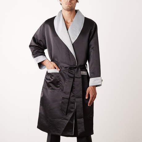 Long Heavyweight Satin Robe // Black + Gray (S)