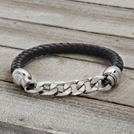 Curb Chain Leather Bracelet // Silver + Black