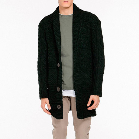 Button Front Shawl Collar Wool Blend Cardigan // Forest Green (XS)