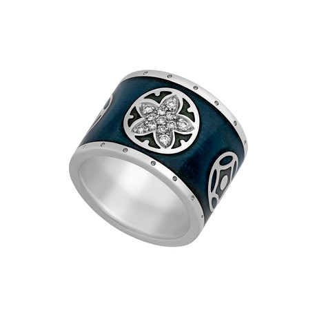 Nouvelle Bague India Preziosa 18k White Gold Diamond + Dark Cyan Blue Enamel Ring // Ring Size: 7.25
