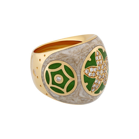 Nouvelle Bague India Preziosa 18k Yellow Gold Diamond + Green + Tan Enamel Ring // Ring Size: 7