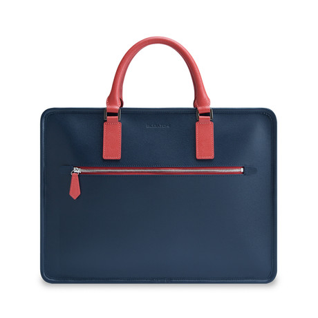 Semi-Embossed Leather Two-Tone Zip Briefcase // Navy