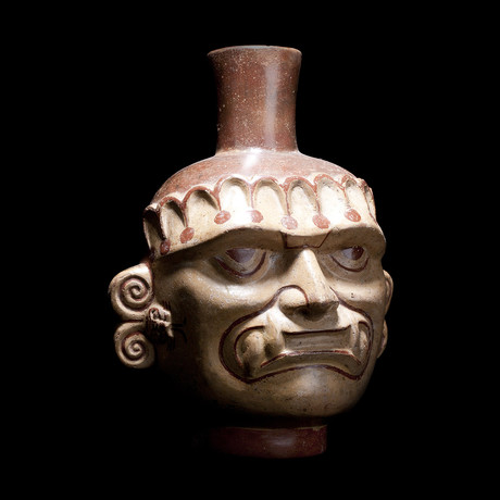 Exceptional Mochica I Head Pot with Ai Apaec // Peru Ca. 100-500 CE
