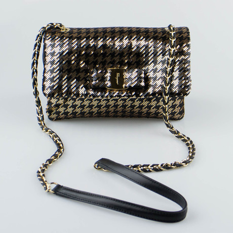 Salvatore Ferragamo // Metallic Mini Vara Flap Shoulder Bag // Black + Gold