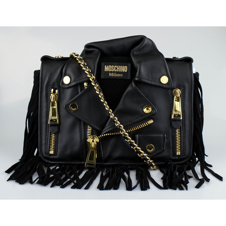 Moschino // Leather Medium Motorcycle Jacket Shoulder Handbag // Black