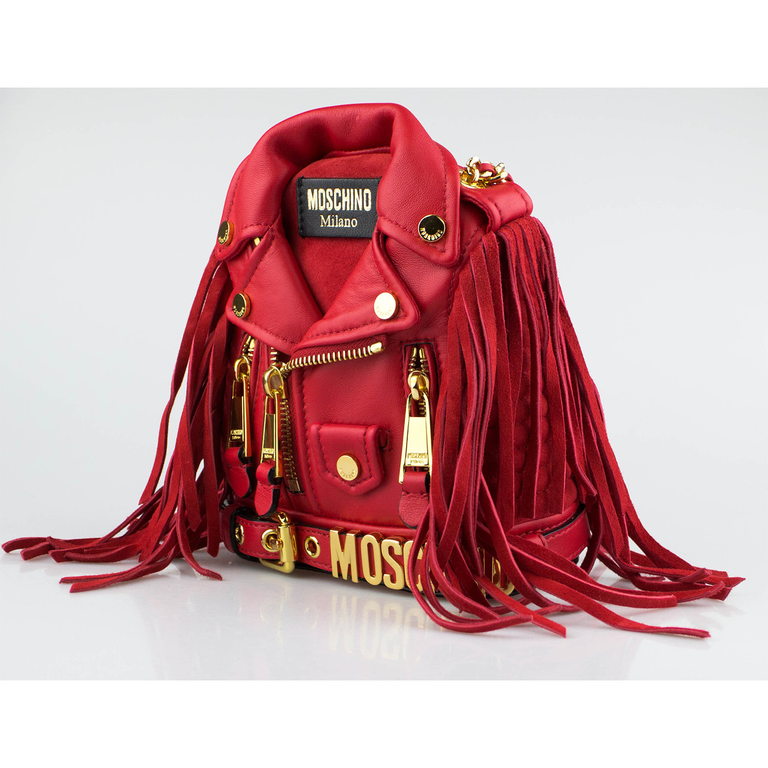 Moschino // Leather Mini Motorcycle Jacket Fringe Backpack Handbag // Red - Designer Handbags ...