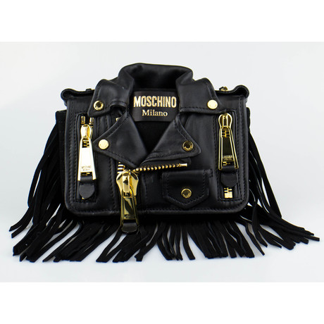 Moschino // Leather Motorcycle Jacket Fringe Crossbody Handbag // Black