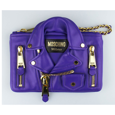 Moschino // Leather Mini Motorcycle Jacket Clutch Wristlet Bag // Purple
