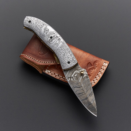 Engraved Damascus Folding Knife // ENG-13