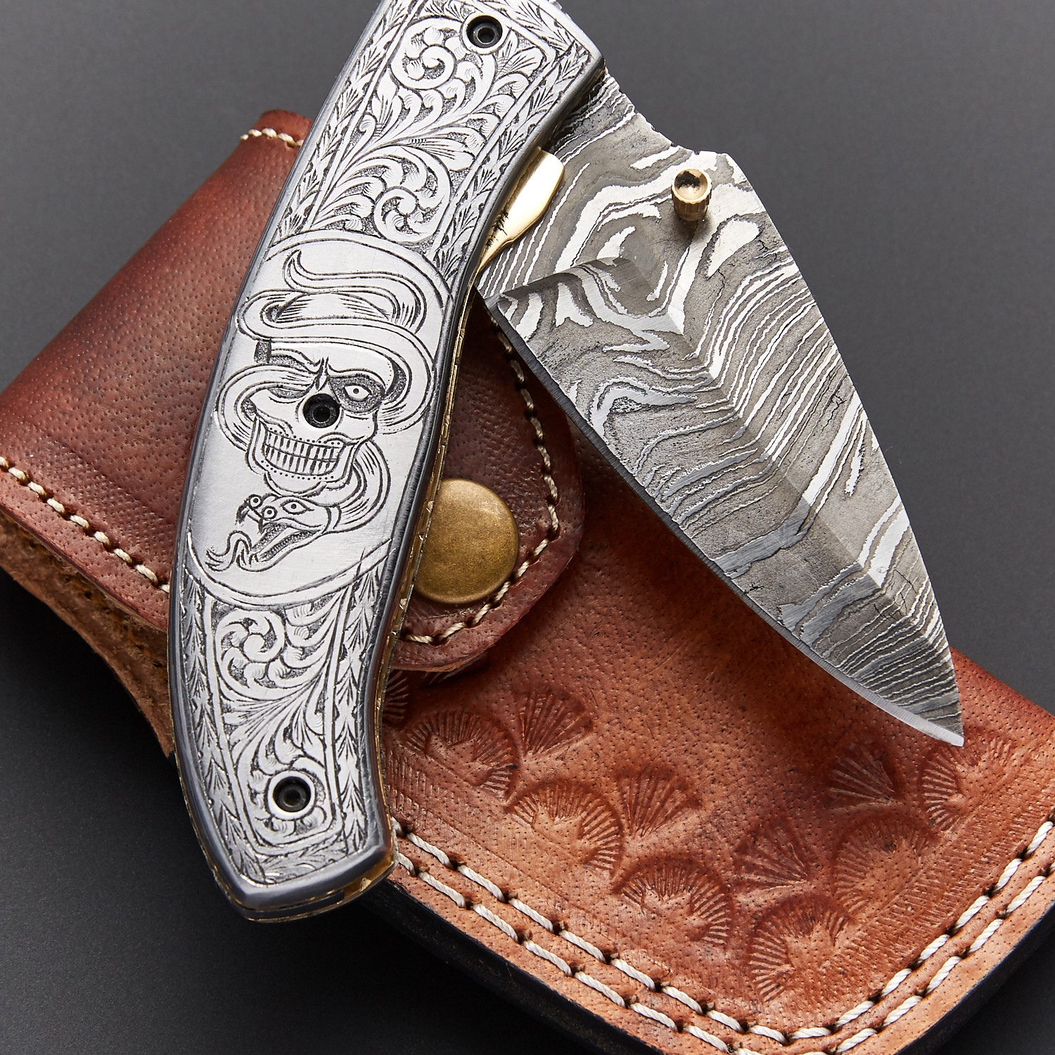Engraved Damascus Folding Knife // ENG-13 - Evermade Traders - Touch of
