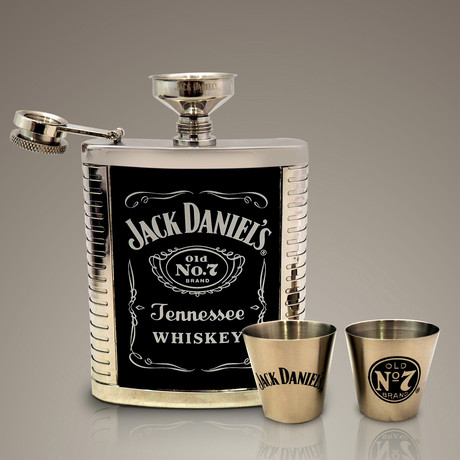 Jack Daniels Original Flask + 2 Shot Glasses // Stainless Steel
