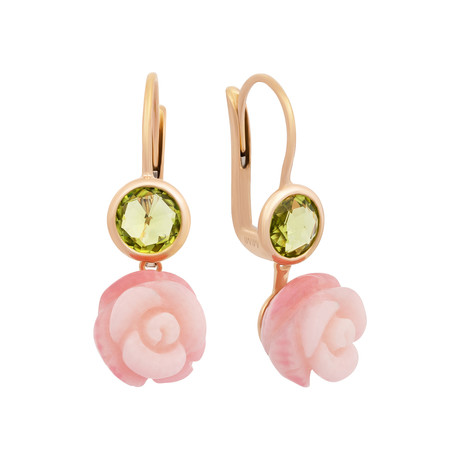 Vintage Mimi Milano 18k Rose Gold Green Quartz + Agate Rose Earrings