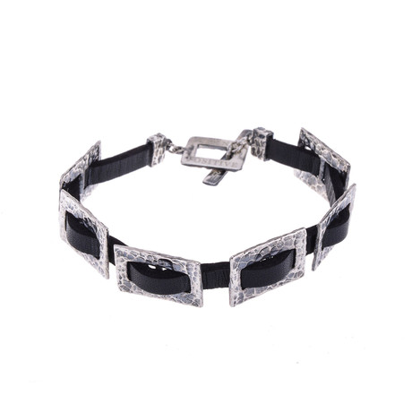 Hammered Silver Chain + Black Leather Men Bracelet