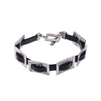Hammered Silver Chain + Black Leather Men Bracelet
