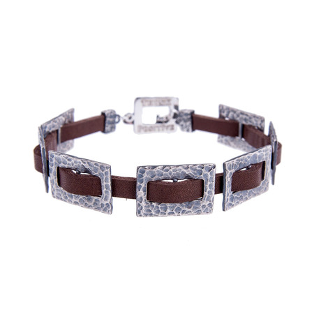 Hammered Silver Chain + Brown Leather Bracelet