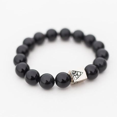 Obsidian Bead Bracelet // Black + Silver Logo Bead