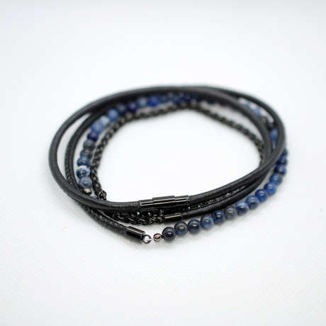 Wrap Bracelet // Sodalite Beads // Chain // Leather Cord (Small // 33"L)