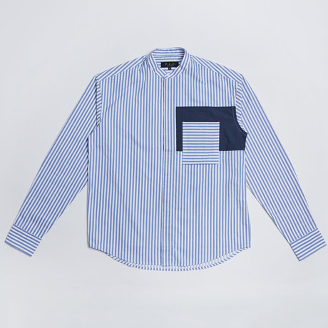 No Collar Stripe Shirt // Striped Blue (S)