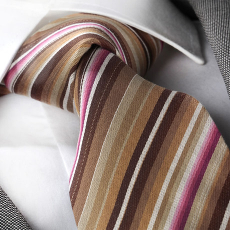 Line Pattern Silk Tie // Brown + White + Pink