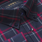 Checkered Pocket Button Down Shirt // Navy Blue + Red Check (M)