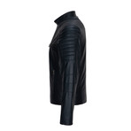 Asymmetrical Zip-Up Leather Jacket // Navy (M)