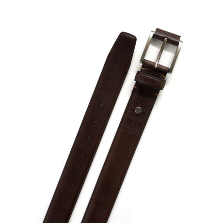 Lennon Plaid Embossed Leather Belt // Brown (32"W)